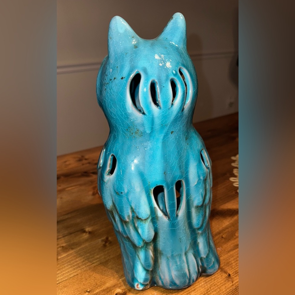 Teal Ceramic Owl Lantern Candle Holder – Crackle Glaze Finish - Picture 2 of 3